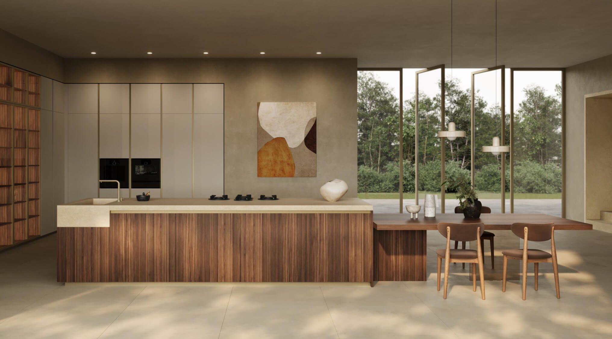 Zecchinon T80 Italian kitchen in walnut with a stone-topped island