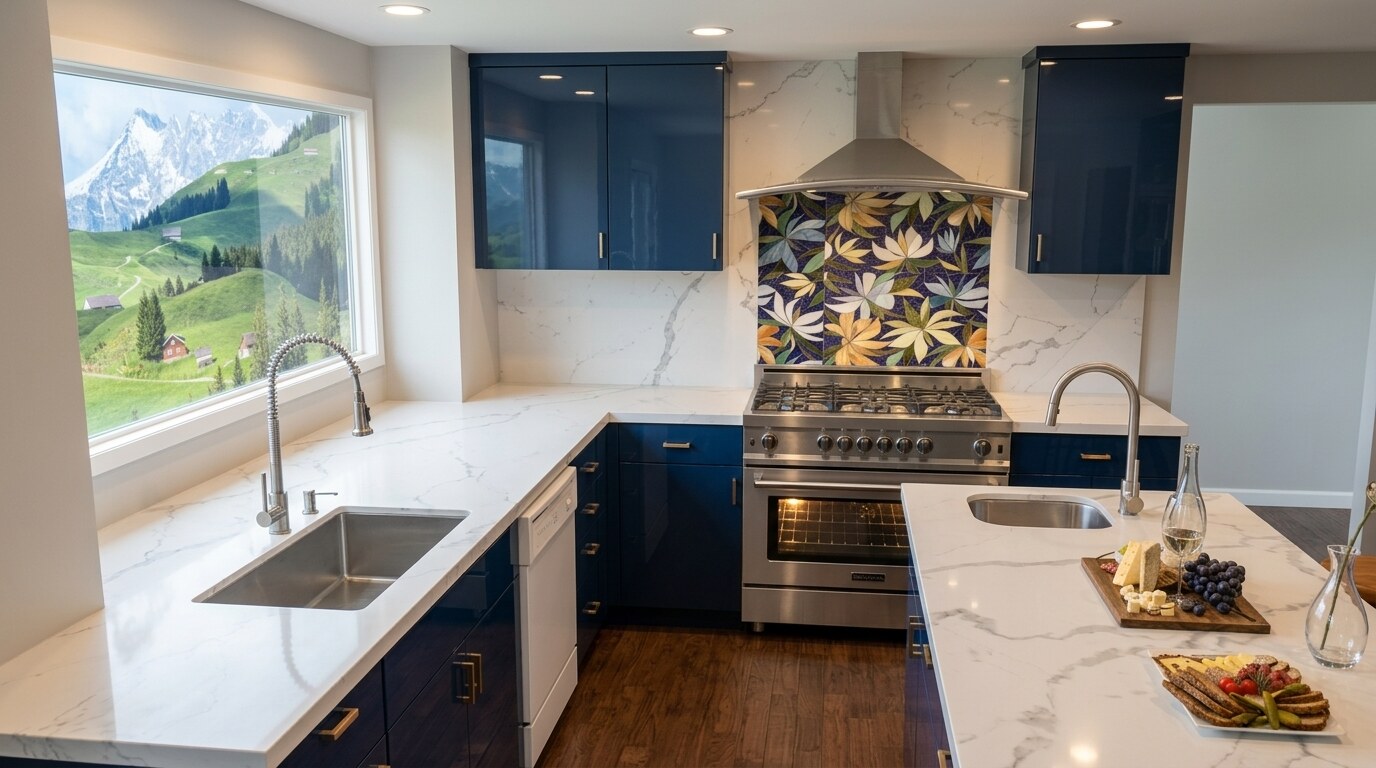 Navy custom kitchen, photorealistic visualization