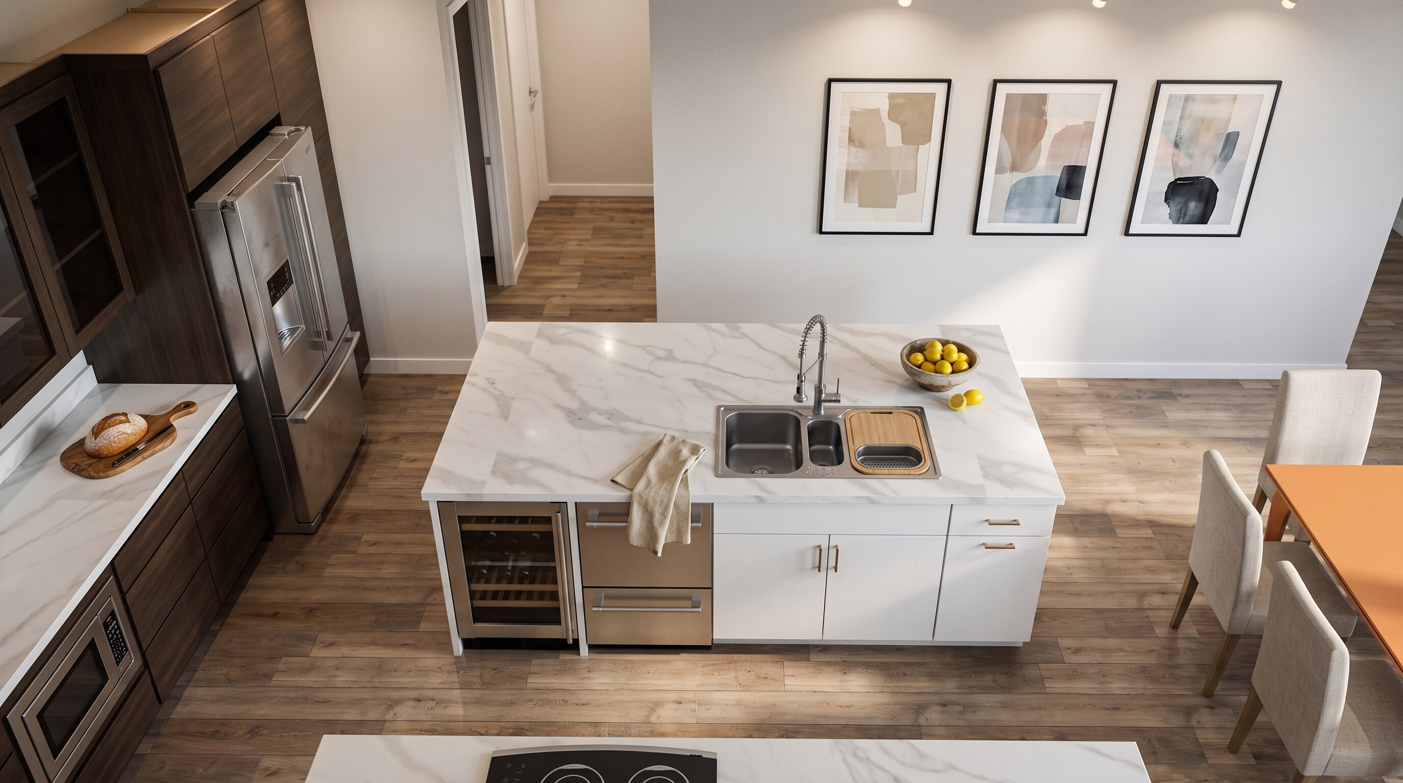 Photorealistic visualization of a custom Bay Area kitchen designed by Eduardo Pinto